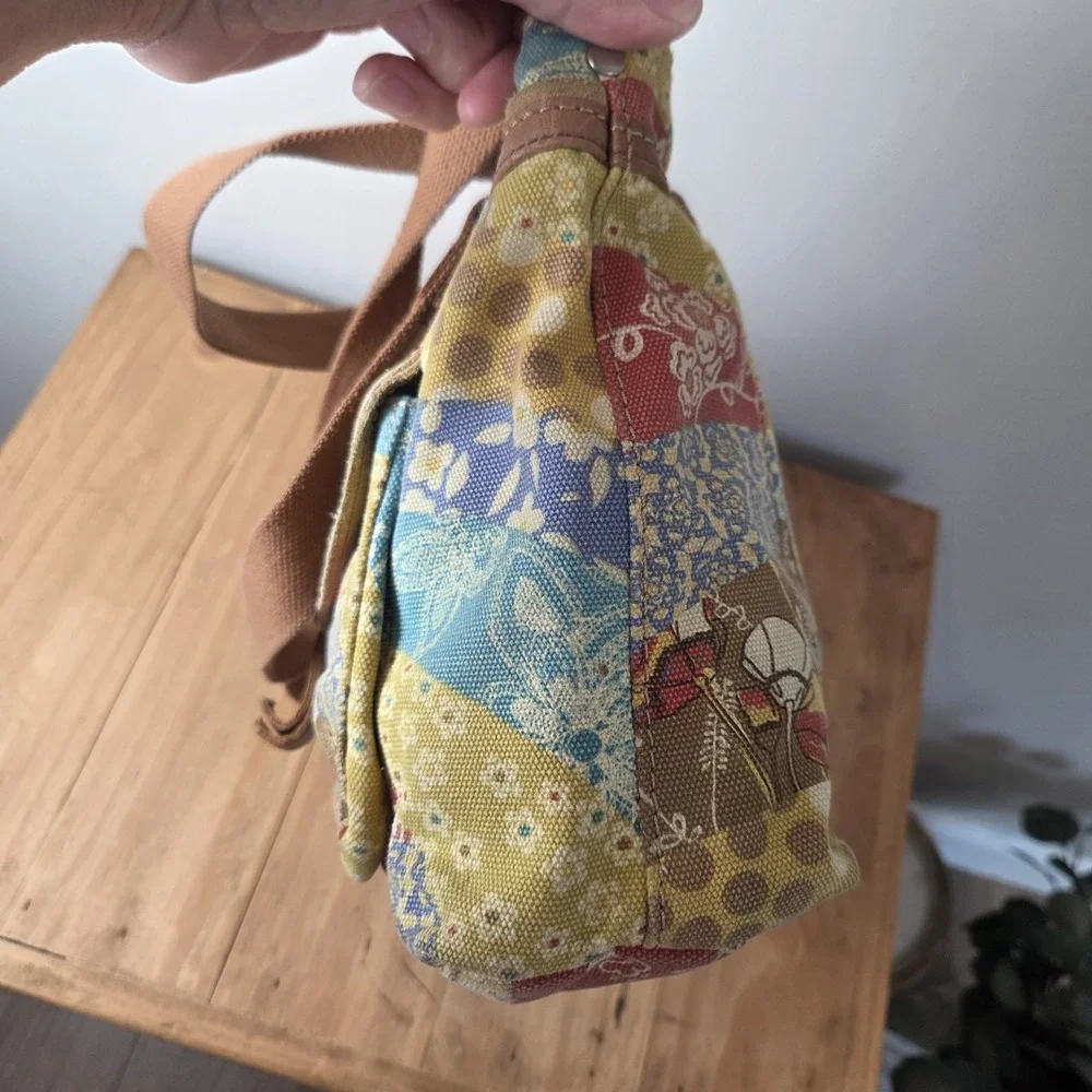 Fossil Patchwork Canvas Satchel Handbag Crossbody Shoulder Bag Leather Boho...